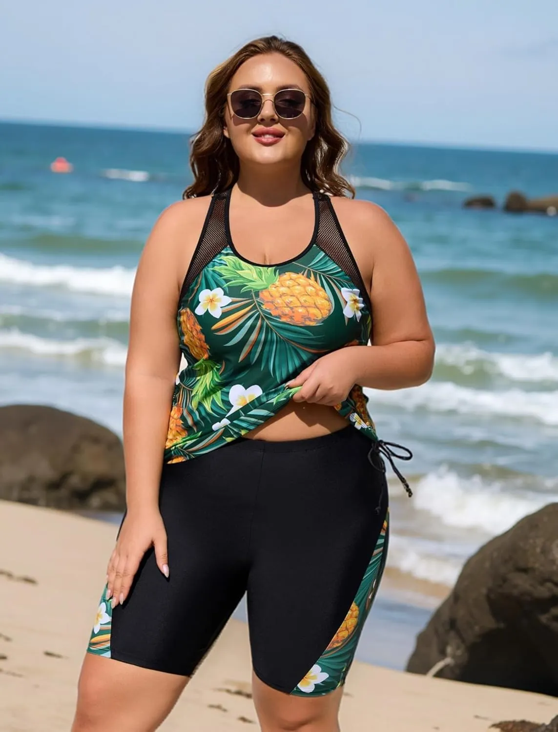 Theenkoln Womens Plus Size Tankini:Two Piece Bathing Suit Mesh Shoulder Strap Drawstring Tummy Control Swimwear with Shorts