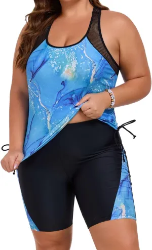 Theenkoln Womens Plus Size Tankini:Two Piece Bathing Suit Mesh Shoulder Strap Drawstring Tummy Control Swimwear with Shorts