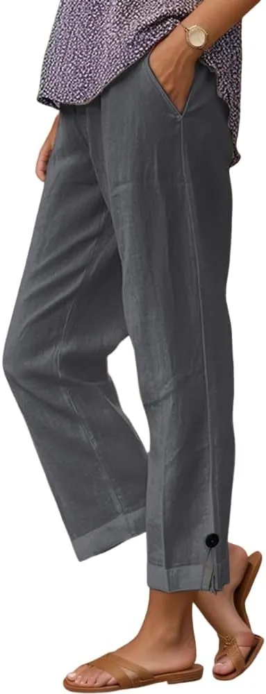 TIAFORD Womens Summer Cotton Linen Elastic High Waist Cropped Pants Casual Loose Straight Leg Beach Trousers with Pockets