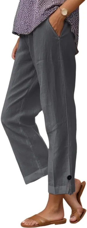 TIAFORD Womens Summer Cotton Linen Elastic High Waist Cropped Pants Casual Loose Straight Leg Beach Trousers with Pockets