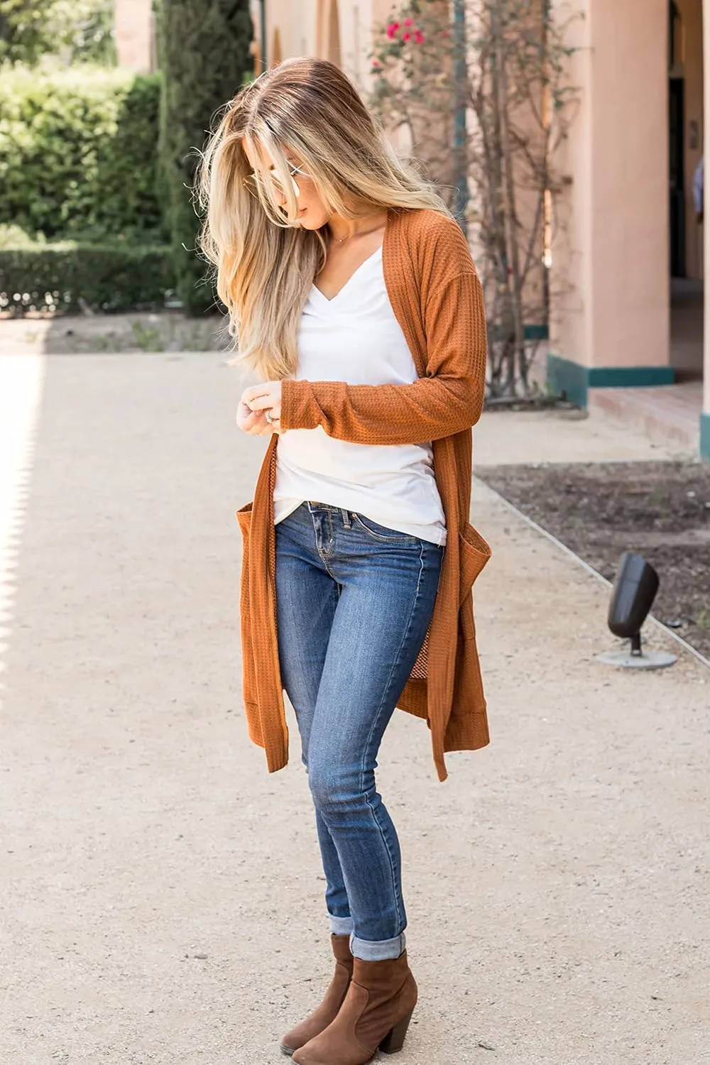 Tickled Teal Women's Long Sleeve Knit Open Front Sweater Cardigan with Pockets