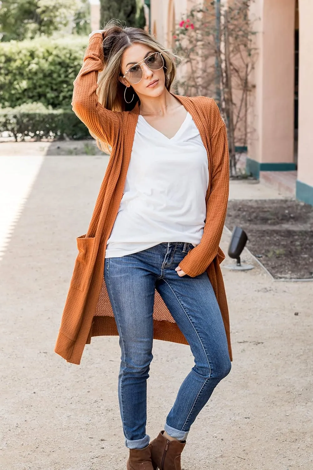 Tickled Teal Women's Long Sleeve Knit Open Front Sweater Cardigan with Pockets