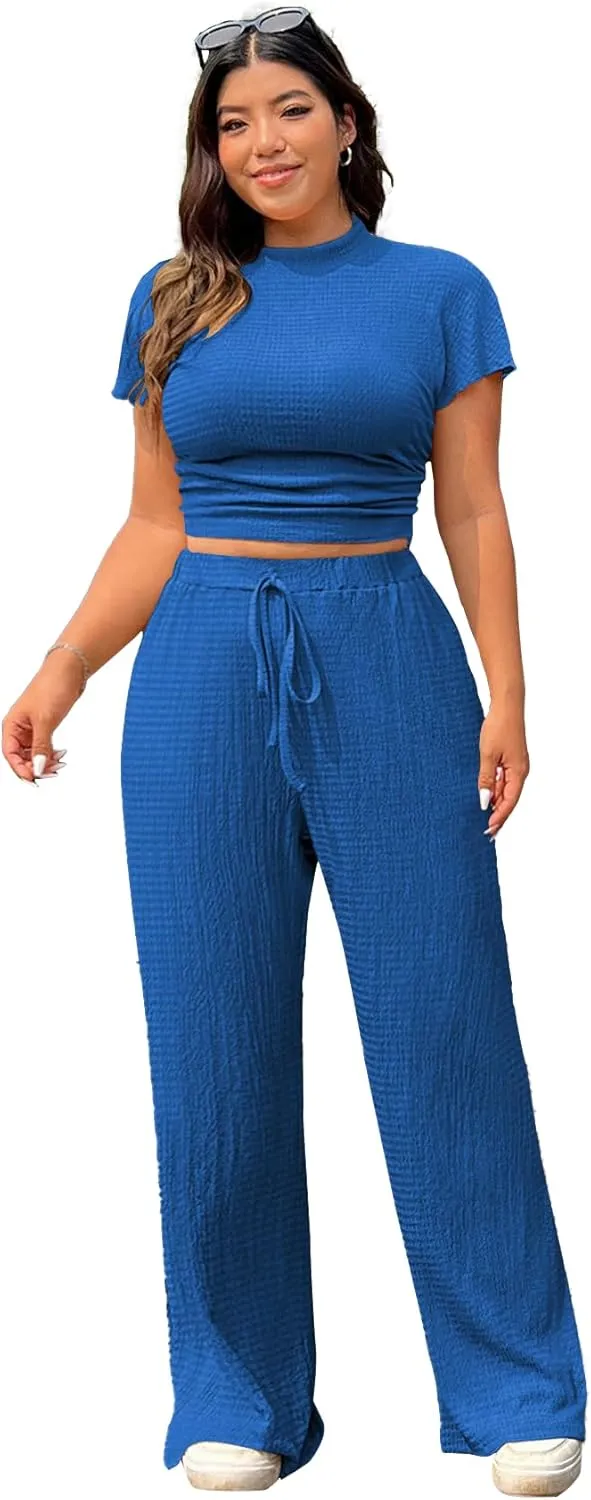 TOPSRANI Womens 2 Piece Outfits Casual Sweatsuits Crop Tops Short Sleeve Tracksuit Loose Baggy Wide Leg Pants Sets