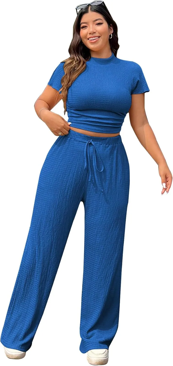 TOPSRANI Womens 2 Piece Outfits Casual Sweatsuits Crop Tops Short Sleeve Tracksuit Loose Baggy Wide Leg Pants Sets