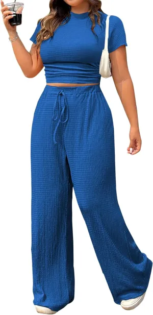 TOPSRANI Womens 2 Piece Outfits Casual Sweatsuits Crop Tops Short Sleeve Tracksuit Loose Baggy Wide Leg Pants Sets