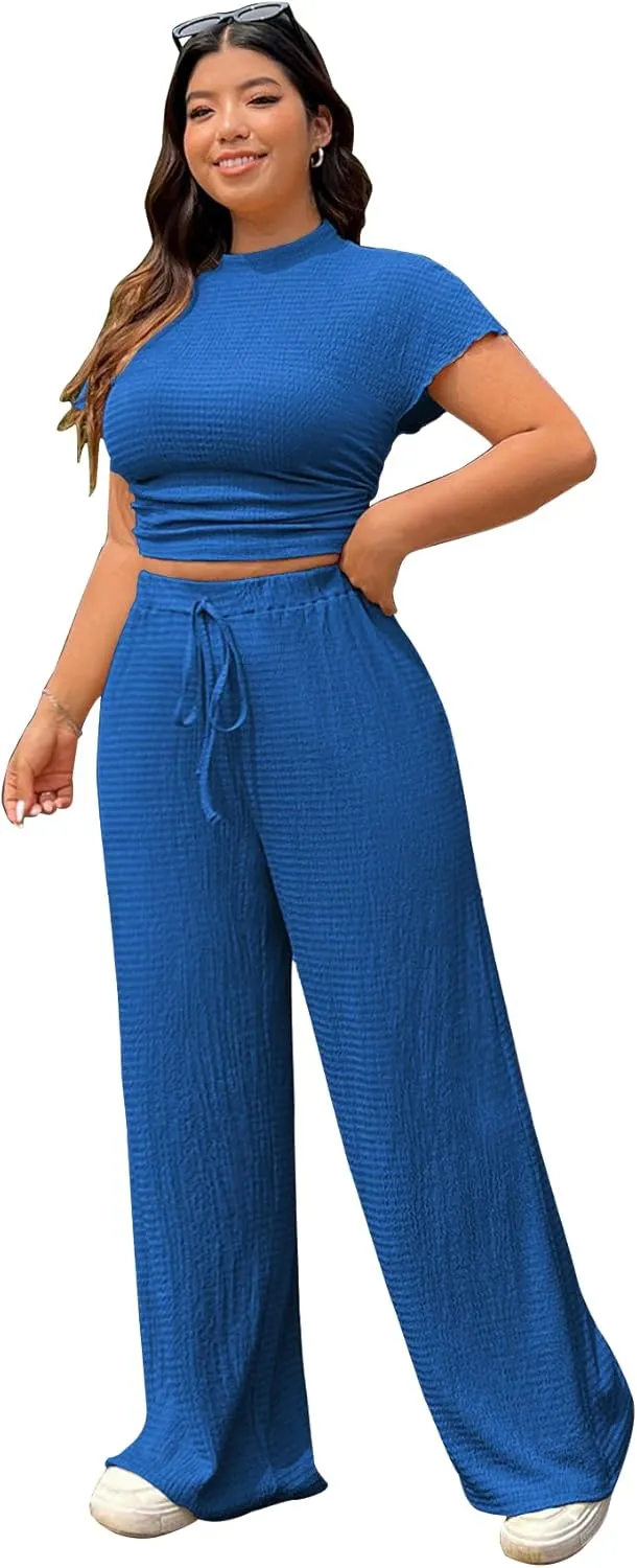 TOPSRANI Womens 2 Piece Outfits Casual Sweatsuits Crop Tops Short Sleeve Tracksuit Loose Baggy Wide Leg Pants Sets