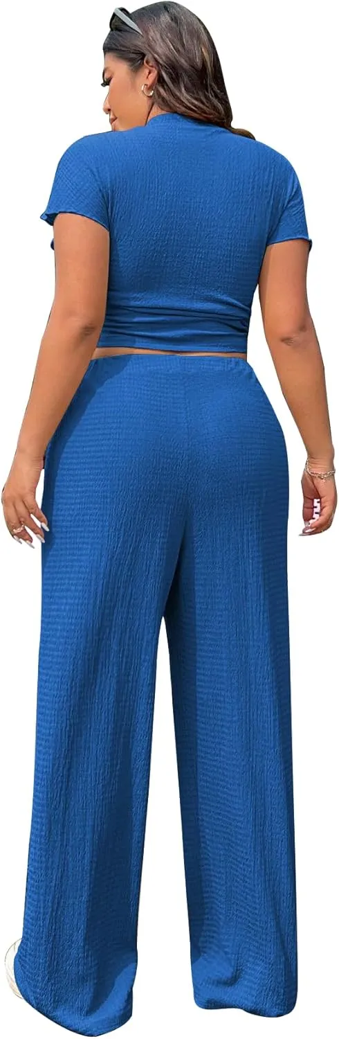 TOPSRANI Womens 2 Piece Outfits Casual Sweatsuits Crop Tops Short Sleeve Tracksuit Loose Baggy Wide Leg Pants Sets