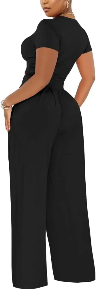 TOPSRANI Womens 2 Piece Outfits Casual Sweatsuits High Waist Short Sleeve Tracksuit Loose Baggy Wide Leg Pants Sets