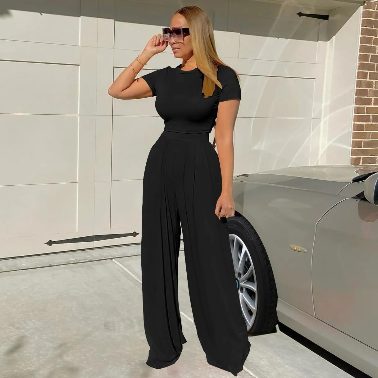 TOPSRANI Womens 2 Piece Outfits Casual Sweatsuits High Waist Short Sleeve Tracksuit Loose Baggy Wide Leg Pants Sets