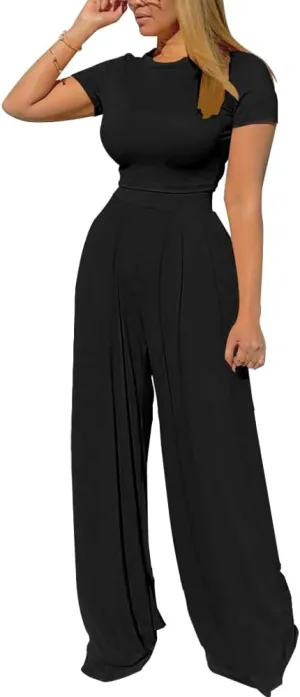 TOPSRANI Womens 2 Piece Outfits Casual Sweatsuits High Waist Short Sleeve Tracksuit Loose Baggy Wide Leg Pants Sets