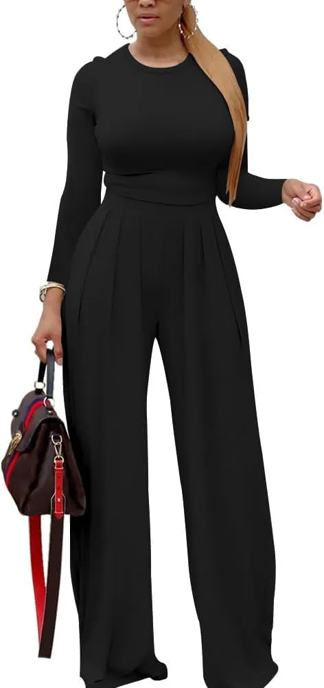 TOPSRANI Womens 2 Piece Outfits Casual Sweatsuits High Waist Short Sleeve Tracksuit Loose Baggy Wide Leg Pants Sets
