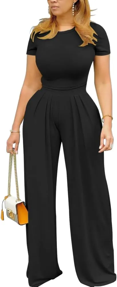 TOPSRANI Womens 2 Piece Outfits Casual Sweatsuits High Waist Short Sleeve Tracksuit Loose Baggy Wide Leg Pants Sets