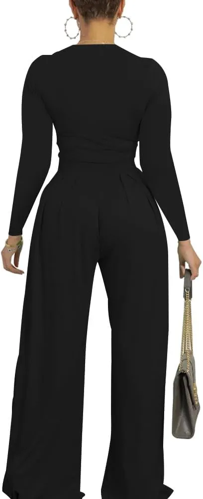 TOPSRANI Womens 2 Piece Outfits Casual Sweatsuits High Waist Short Sleeve Tracksuit Loose Baggy Wide Leg Pants Sets