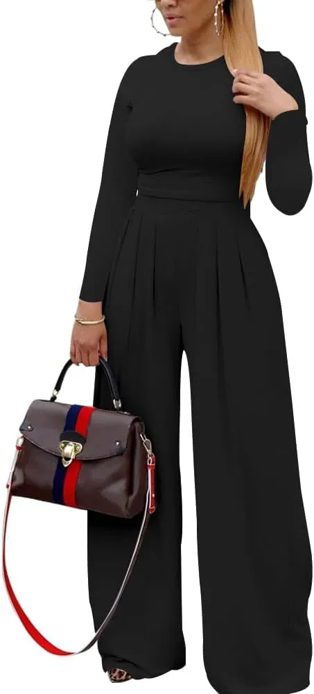 TOPSRANI Womens 2 Piece Outfits Casual Sweatsuits High Waist Short Sleeve Tracksuit Loose Baggy Wide Leg Pants Sets