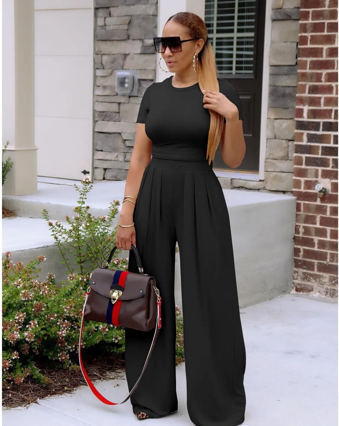 TOPSRANI Womens 2 Piece Outfits Casual Sweatsuits High Waist Short Sleeve Tracksuit Loose Baggy Wide Leg Pants Sets