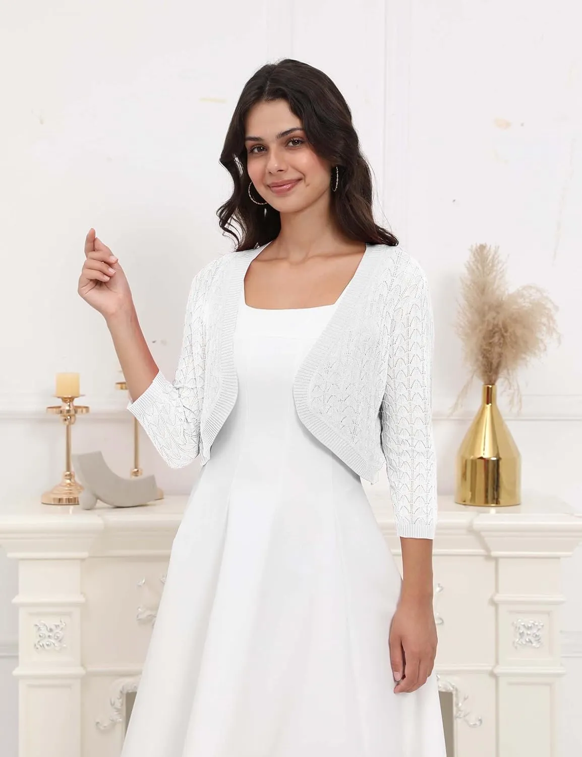 Tralilbee Women's 3/4 Sleeve Cropped Cardigan Knit Bolero Shrug Cardigan Sweater for Women S-XL