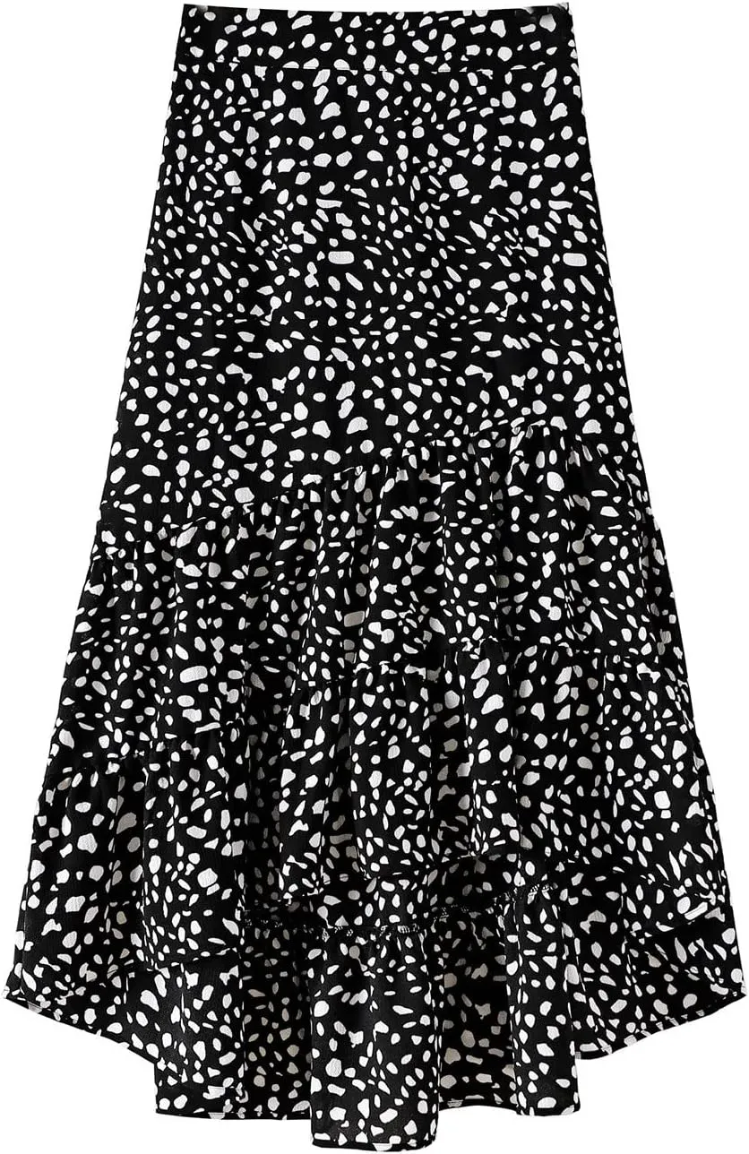 tuduoms Ditzy Floral Skirt Midi Boho Elastic High Waist Skirt A-line Long Vintage Skirts for Women High Low Pleated Skirt