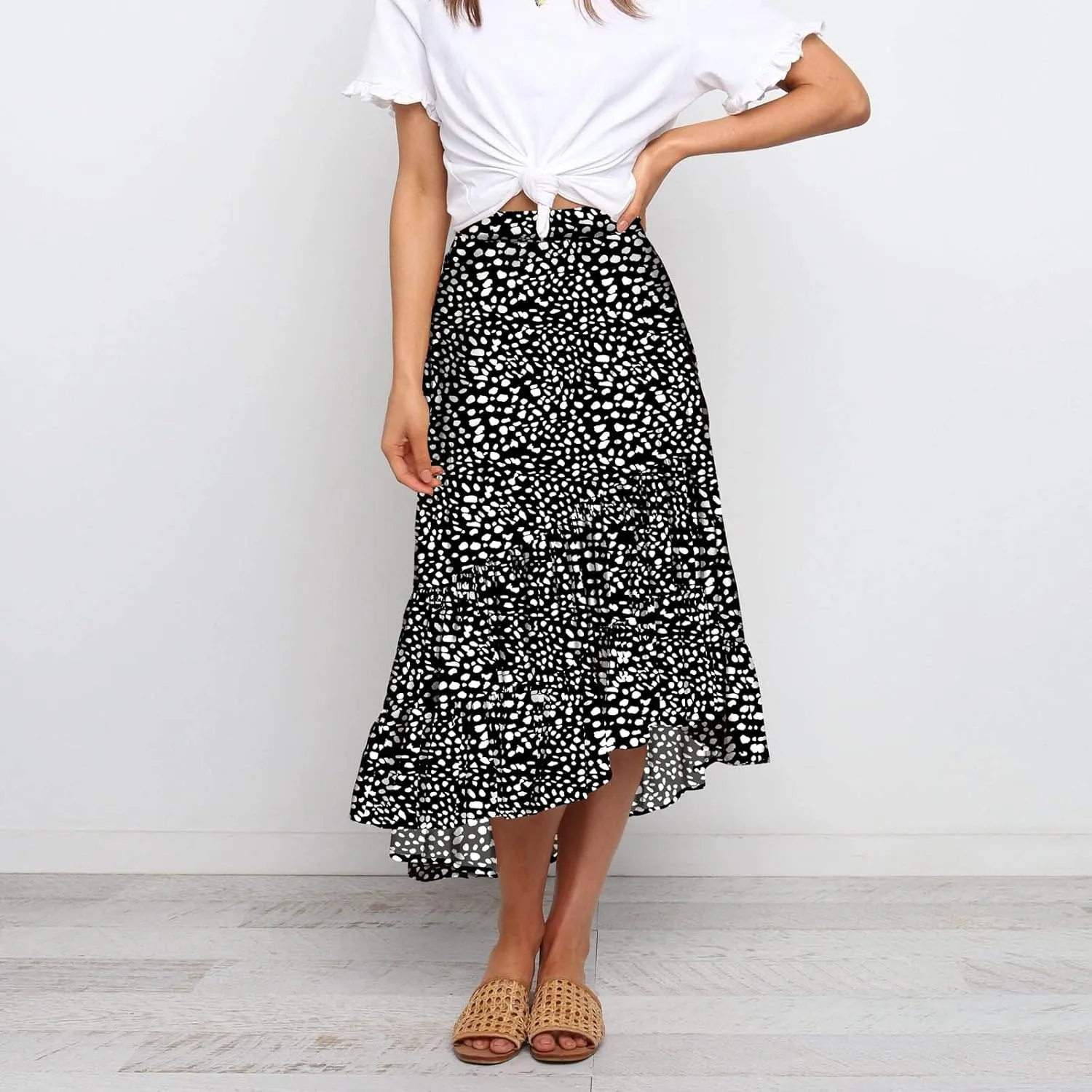 tuduoms Ditzy Floral Skirt Midi Boho Elastic High Waist Skirt A-line Long Vintage Skirts for Women High Low Pleated Skirt