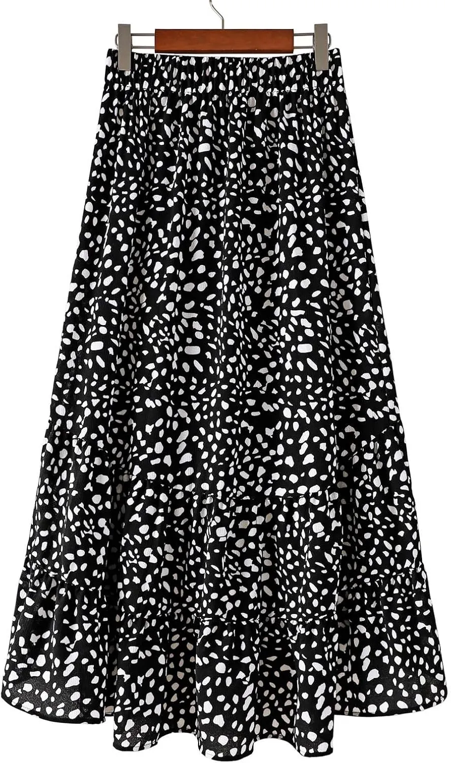 tuduoms Ditzy Floral Skirt Midi Boho Elastic High Waist Skirt A-line Long Vintage Skirts for Women High Low Pleated Skirt