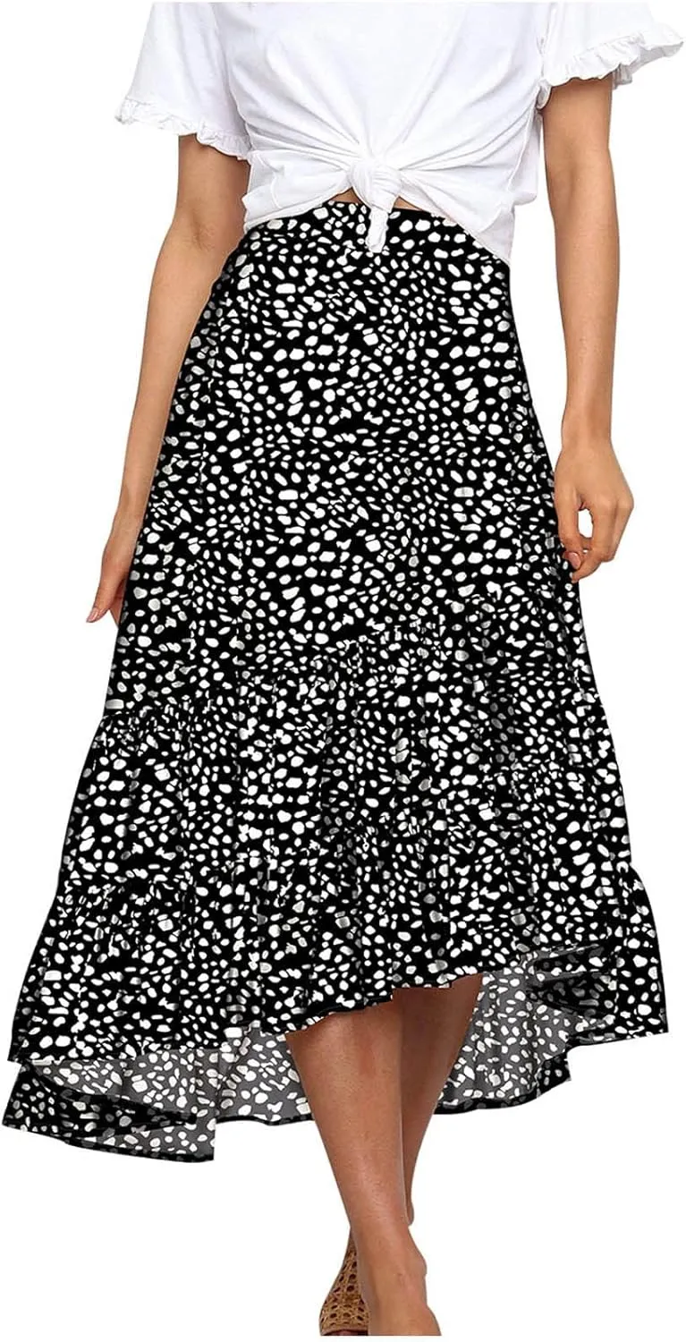 tuduoms Ditzy Floral Skirt Midi Boho Elastic High Waist Skirt A-line Long Vintage Skirts for Women High Low Pleated Skirt