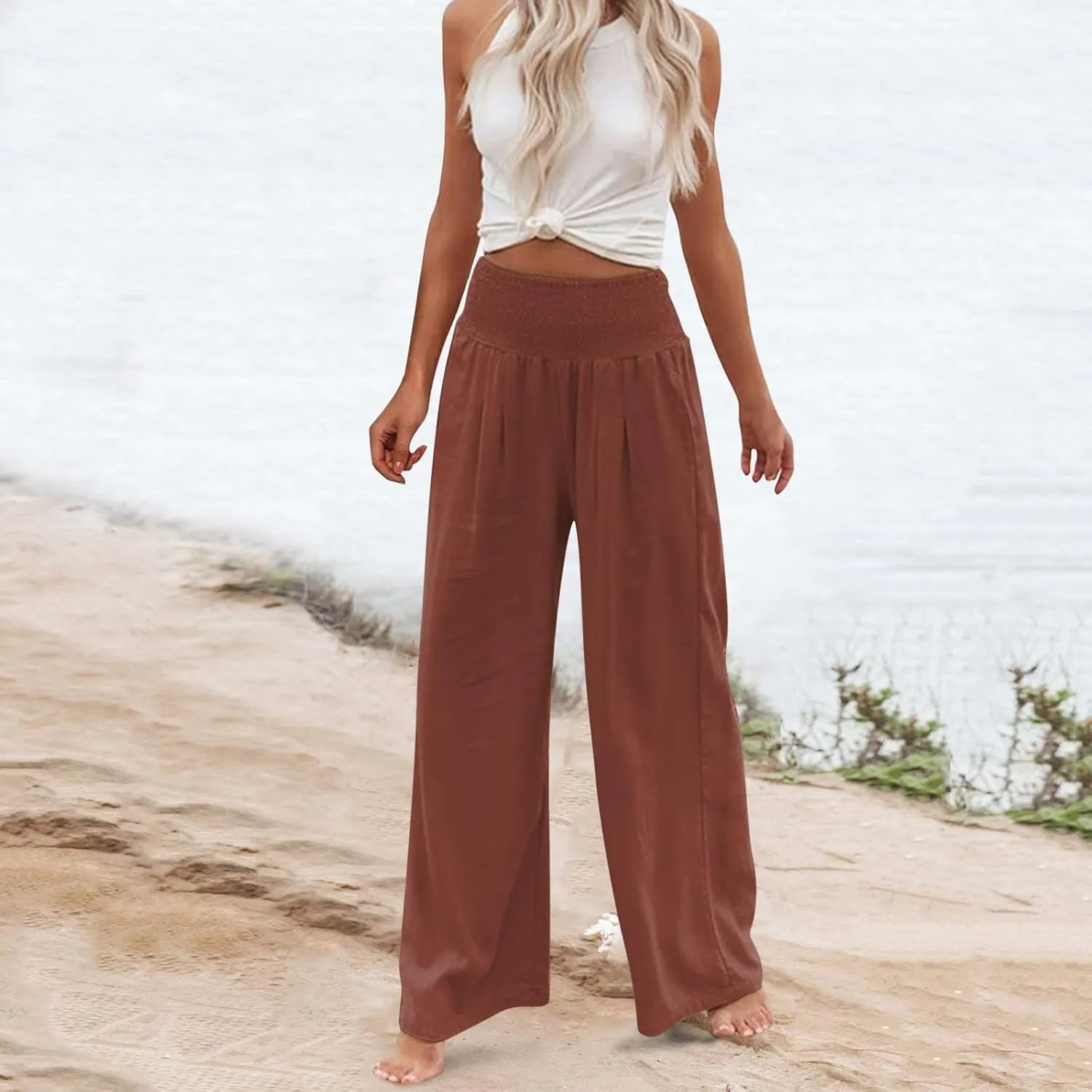 Tummy Control Women High Waisted Lounge Pants Casual Wide Leg Boho Trouser Summer Drawstring Sweatpants with Pocket