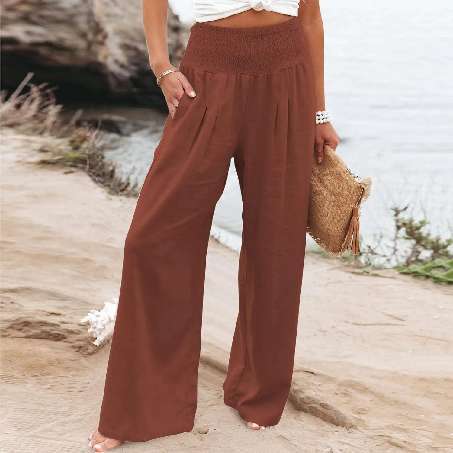 Tummy Control Women High Waisted Lounge Pants Casual Wide Leg Boho Trouser Summer Drawstring Sweatpants with Pocket