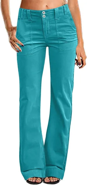 Twill Palazzo Pants for Women Casual Y2K Stretch High Waisted Chino Pants Slim Fit Wide Leg Dress Pants with Pockets