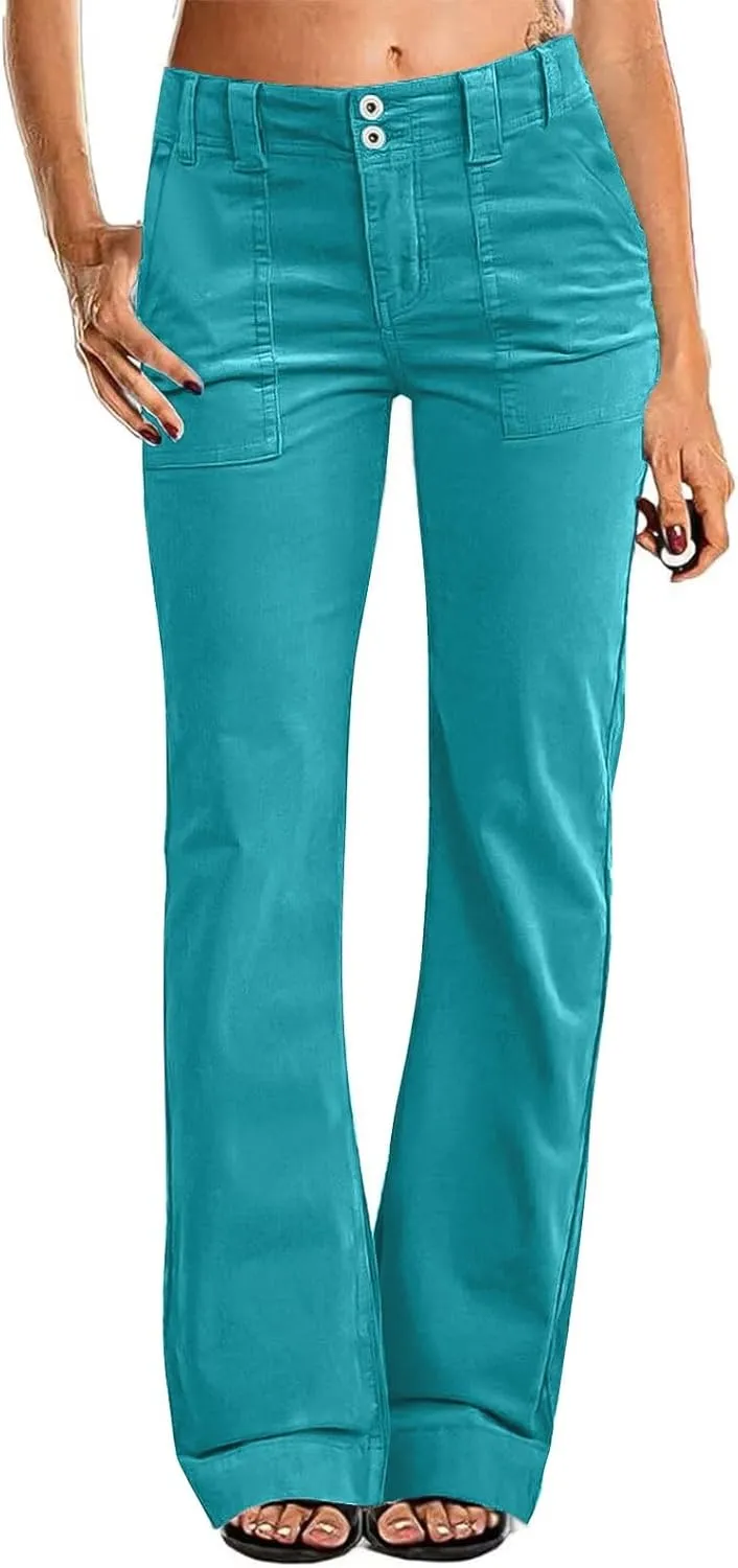 Twill Palazzo Pants for Women Casual Y2K Stretch High Waisted Chino Pants Slim Fit Wide Leg Dress Pants with Pockets