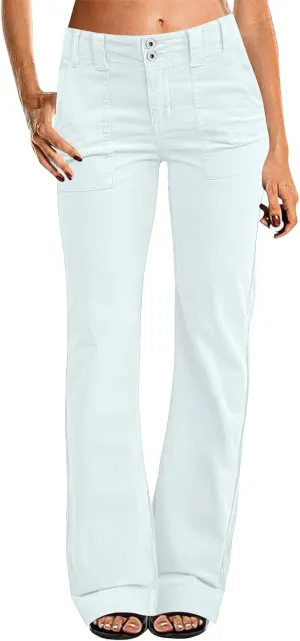 Twill Palazzo Pants for Women Casual Y2K Stretch High Waisted Chino Pants Slim Fit Wide Leg Dress Pants with Pockets