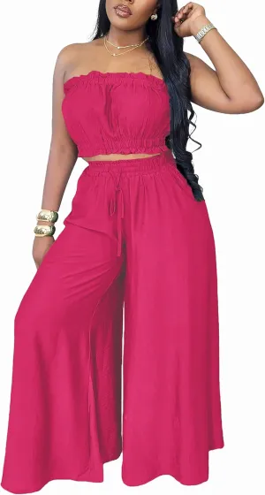 Two Piece Sets for Women Summer Outfits Crop Tops and Wide Leg Pants Sets Sexy Jumpsuits Vacation Outfits with Pockets