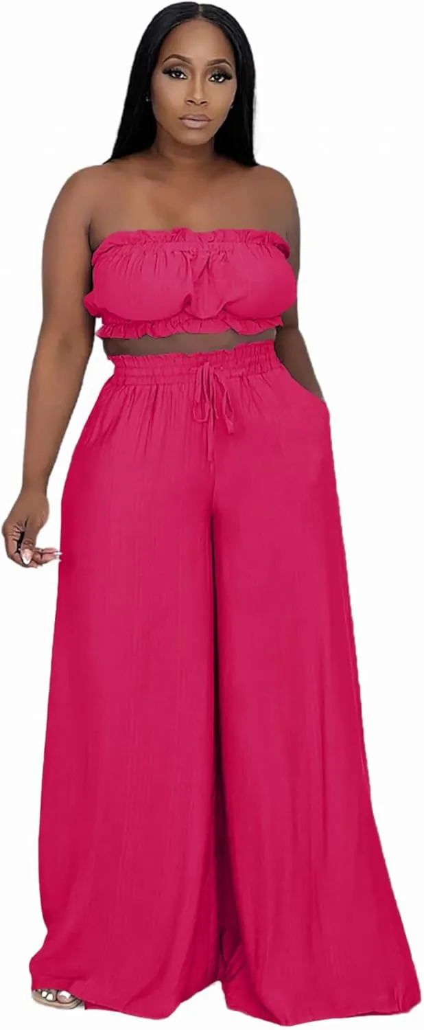 Two Piece Sets for Women Summer Outfits Crop Tops and Wide Leg Pants Sets Sexy Jumpsuits Vacation Outfits with Pockets