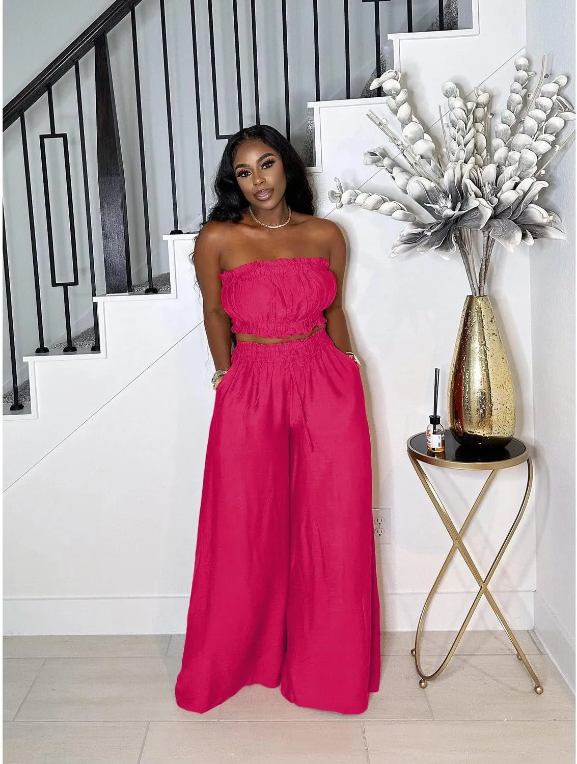 Two Piece Sets for Women Summer Outfits Crop Tops and Wide Leg Pants Sets Sexy Jumpsuits Vacation Outfits with Pockets