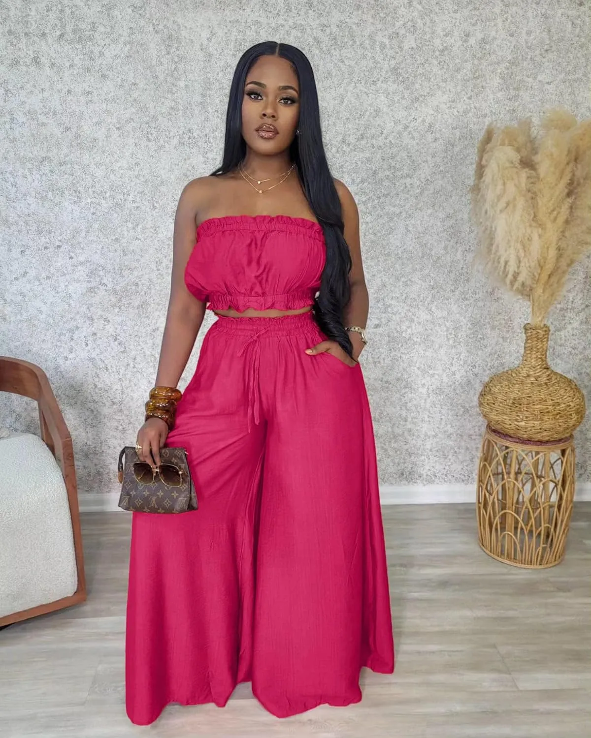 Two Piece Sets for Women Summer Outfits Crop Tops and Wide Leg Pants Sets Sexy Jumpsuits Vacation Outfits with Pockets