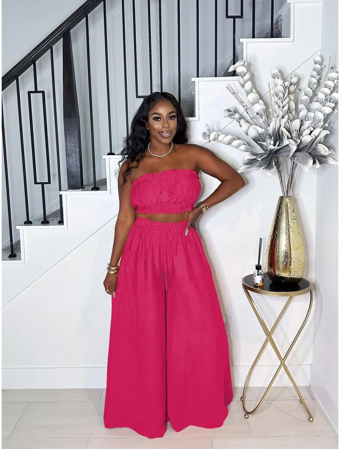 Two Piece Sets for Women Summer Outfits Crop Tops and Wide Leg Pants Sets Sexy Jumpsuits Vacation Outfits with Pockets