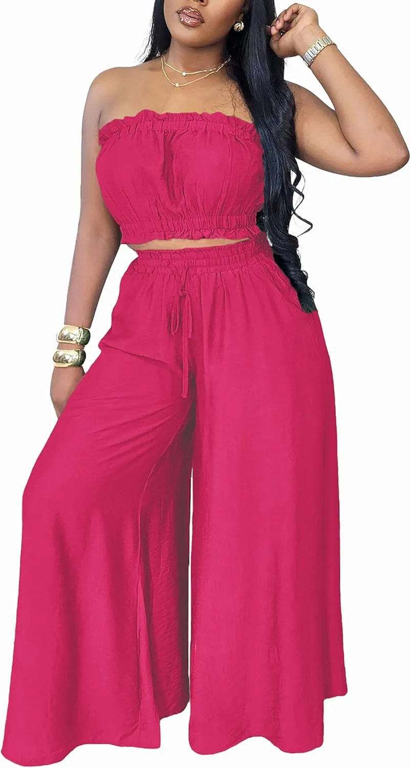 Two Piece Sets for Women Summer Outfits Crop Tops and Wide Leg Pants Sets Sexy Jumpsuits Vacation Outfits with Pockets
