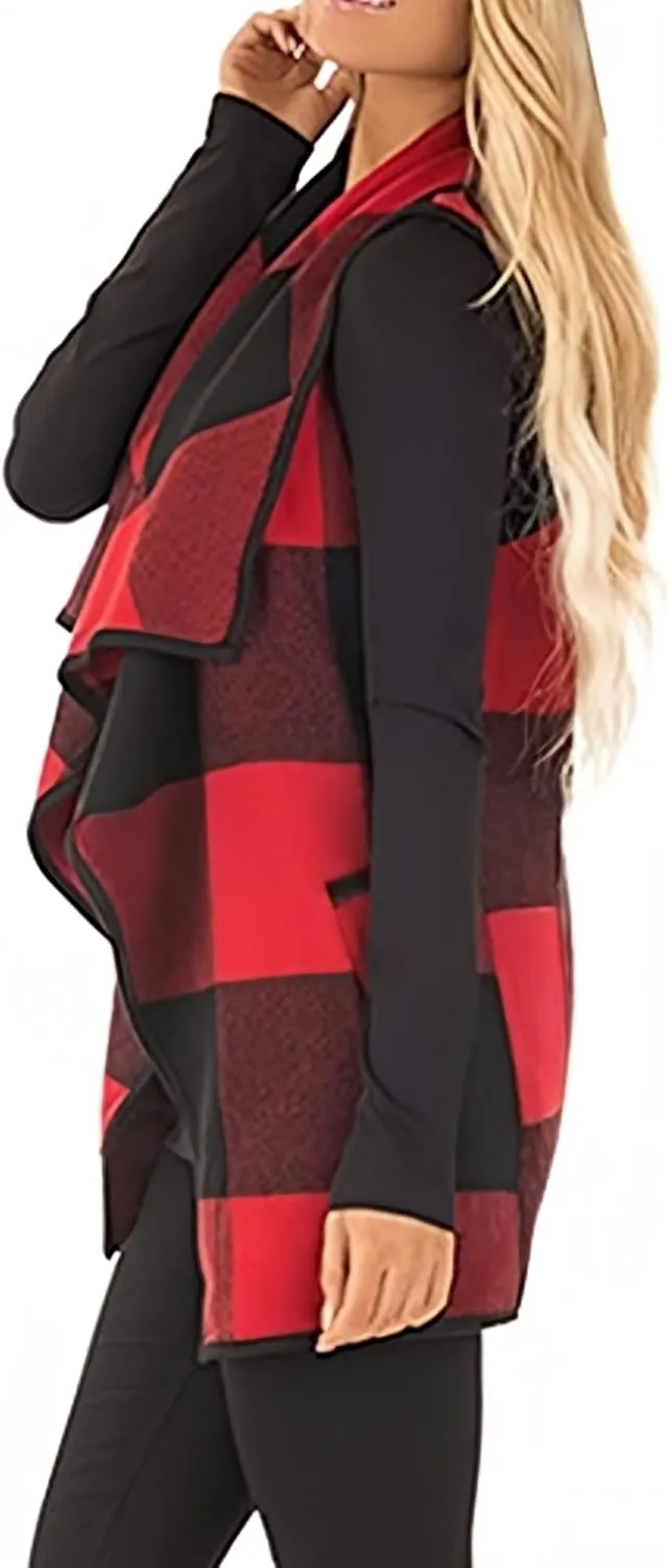 Unidear Womens Buffalo Plaid Vest Casual Lapel Open Front Sleeveless Cardigan Jacket Coat with Pockets