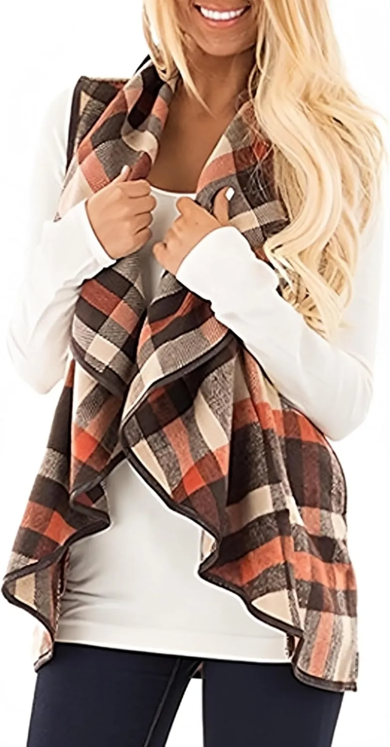 Unidear Womens Buffalo Plaid Vest Casual Lapel Open Front Sleeveless Cardigan Jacket Coat with Pockets