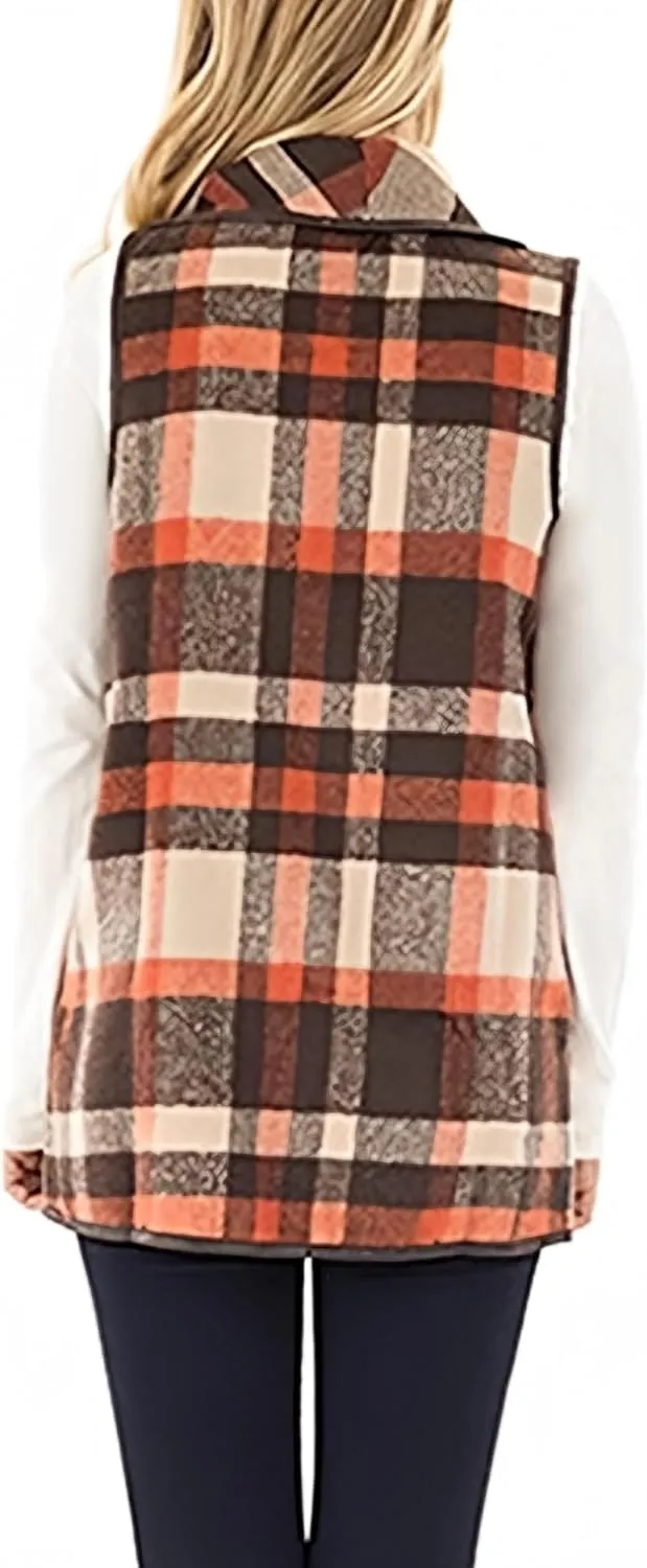Unidear Womens Buffalo Plaid Vest Casual Lapel Open Front Sleeveless Cardigan Jacket Coat with Pockets