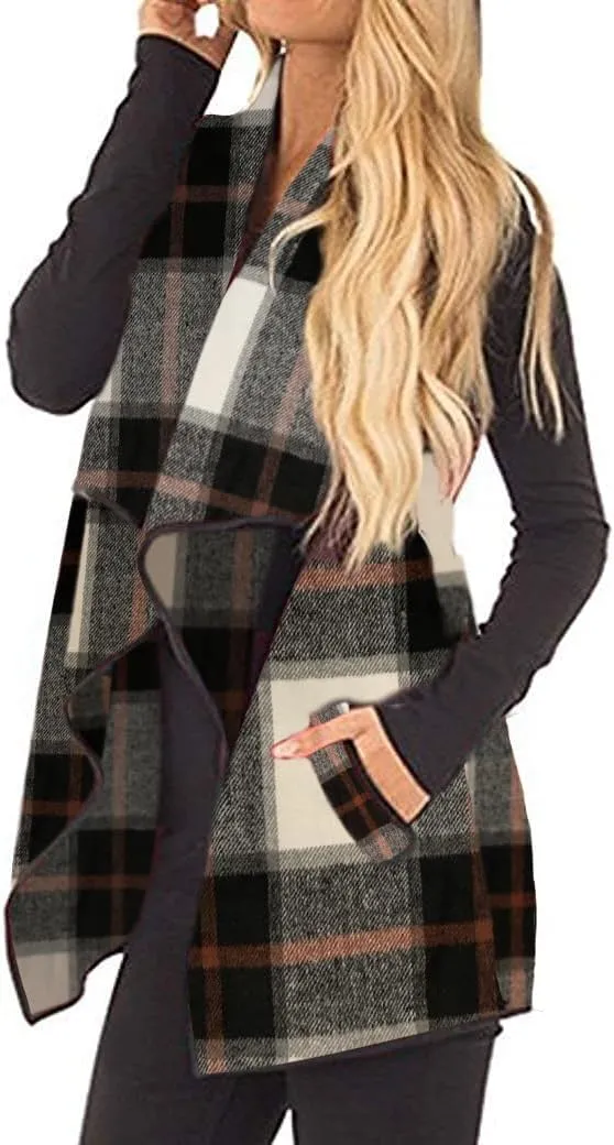 Unidear Womens Buffalo Plaid Vest Casual Lapel Open Front Sleeveless Cardigan Jacket Coat with Pockets