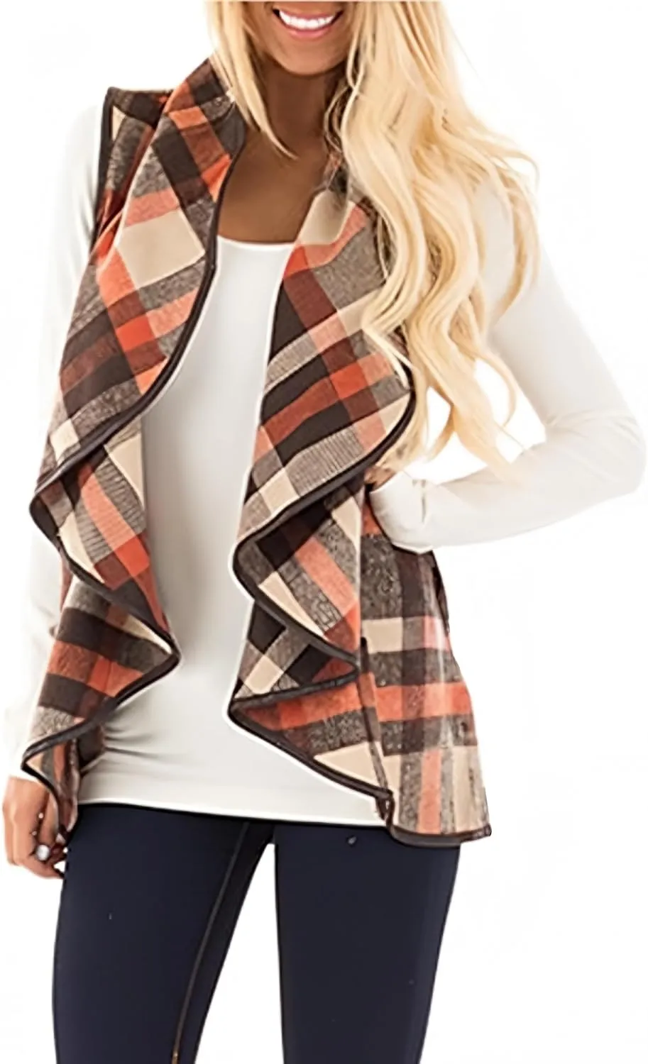 Unidear Womens Buffalo Plaid Vest Casual Lapel Open Front Sleeveless Cardigan Jacket Coat with Pockets