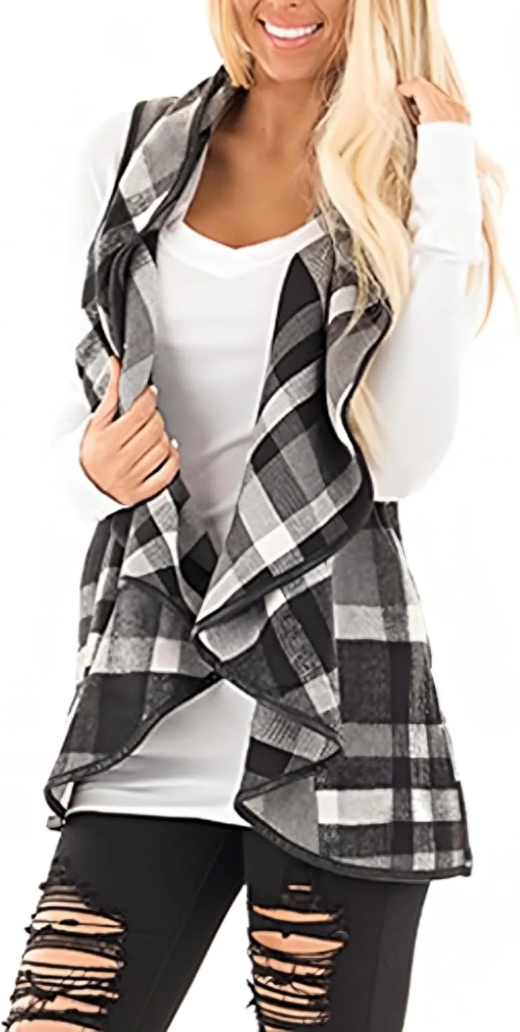 Unidear Womens Buffalo Plaid Vest Casual Lapel Open Front Sleeveless Cardigan Jacket Coat with Pockets