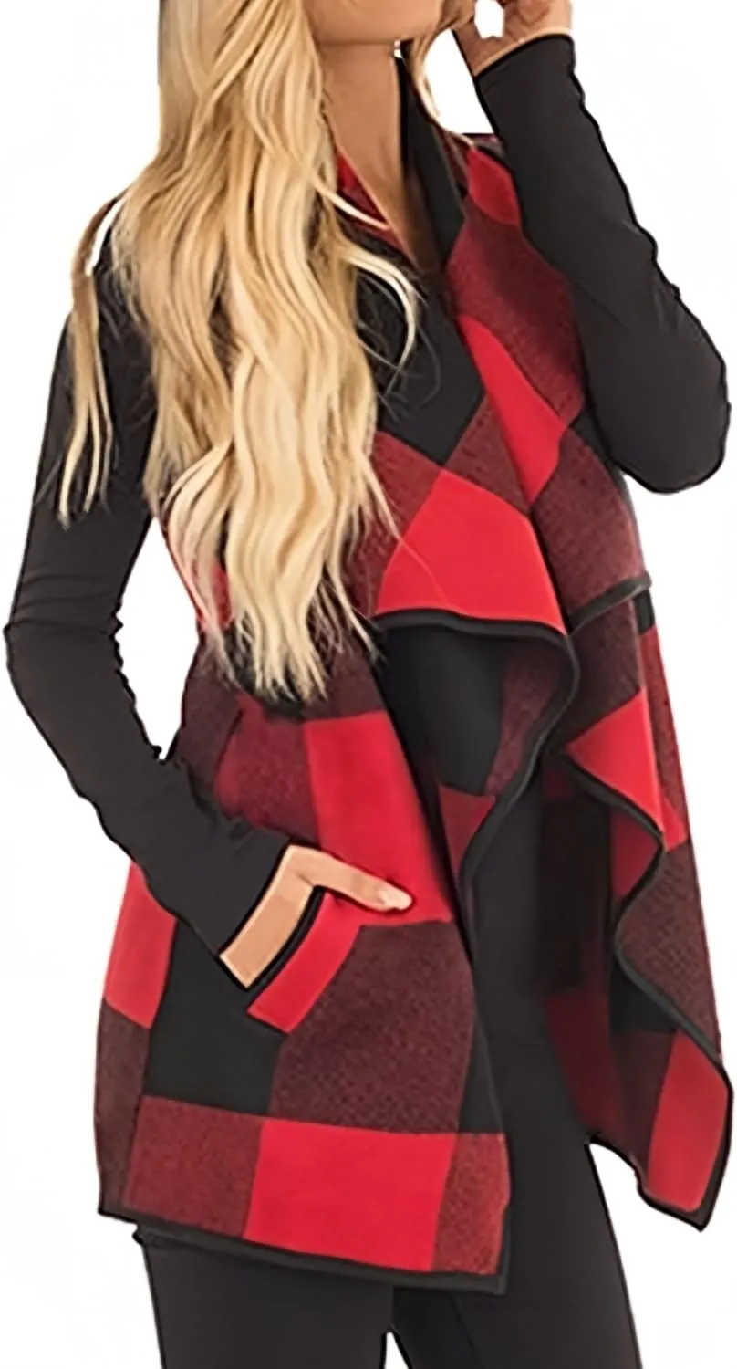 Unidear Womens Buffalo Plaid Vest Casual Lapel Open Front Sleeveless Cardigan Jacket Coat with Pockets