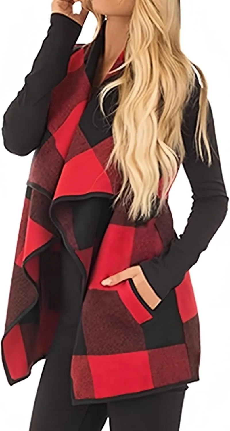 Unidear Womens Buffalo Plaid Vest Casual Lapel Open Front Sleeveless Cardigan Jacket Coat with Pockets