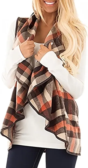 Unidear Womens Buffalo Plaid Vest Casual Lapel Open Front Sleeveless Cardigan Jacket Coat with Pockets