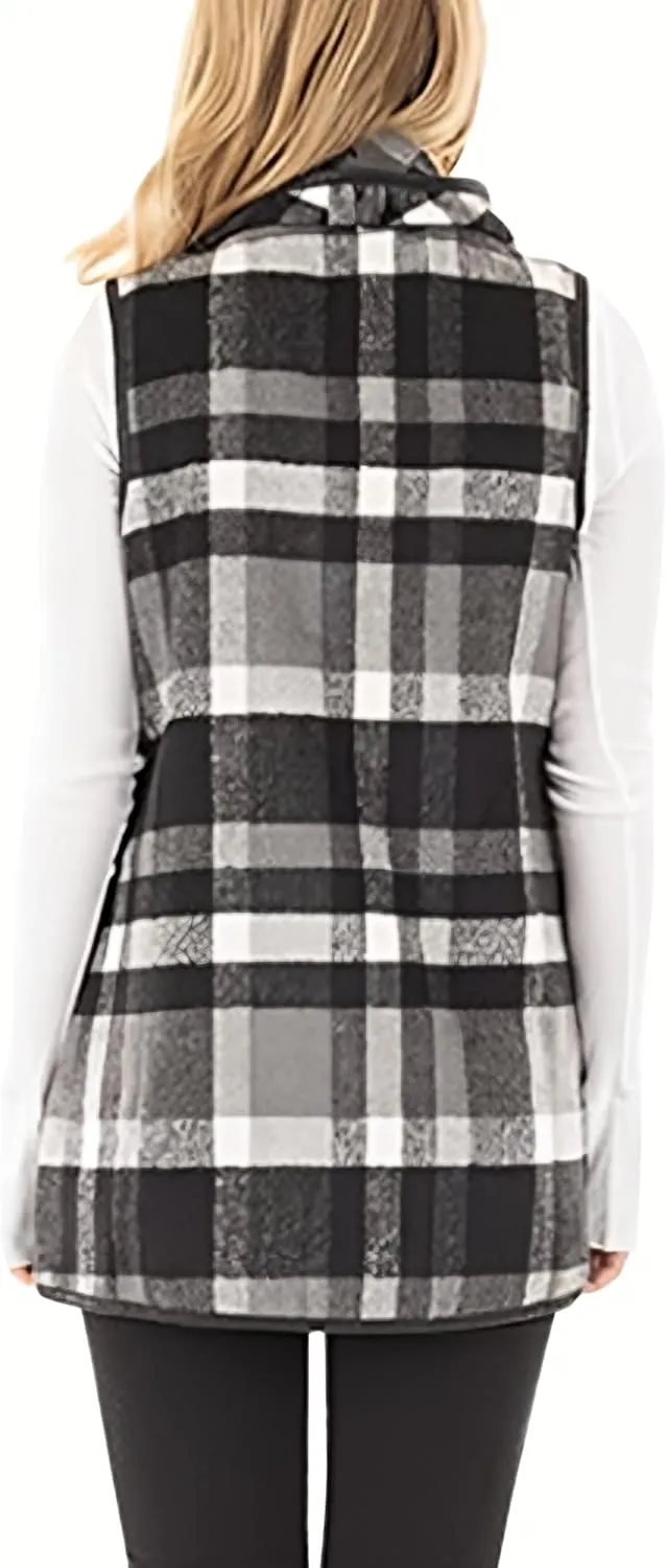 Unidear Womens Buffalo Plaid Vest Casual Lapel Open Front Sleeveless Cardigan Jacket Coat with Pockets