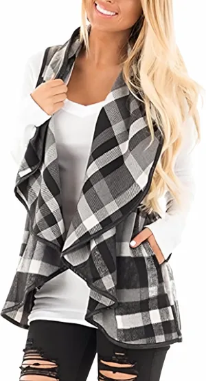 Unidear Womens Buffalo Plaid Vest Casual Lapel Open Front Sleeveless Cardigan Jacket Coat with Pockets