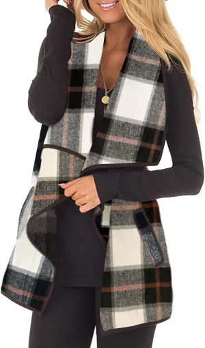 Unidear Womens Buffalo Plaid Vest Casual Lapel Open Front Sleeveless Cardigan Jacket Coat with Pockets