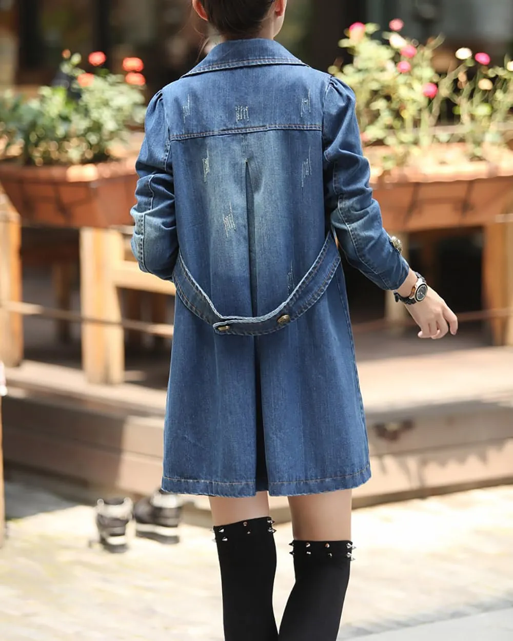 utcoco Womens Long Sleeve Denim Jacket Casual Slim Fit Jean Jacket Double Breasted Trench Coat with Belt