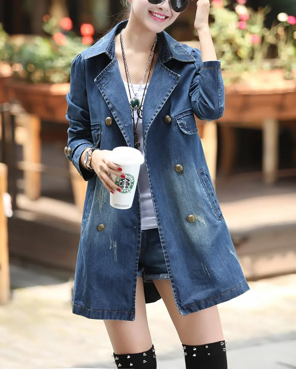 utcoco Womens Long Sleeve Denim Jacket Casual Slim Fit Jean Jacket Double Breasted Trench Coat with Belt