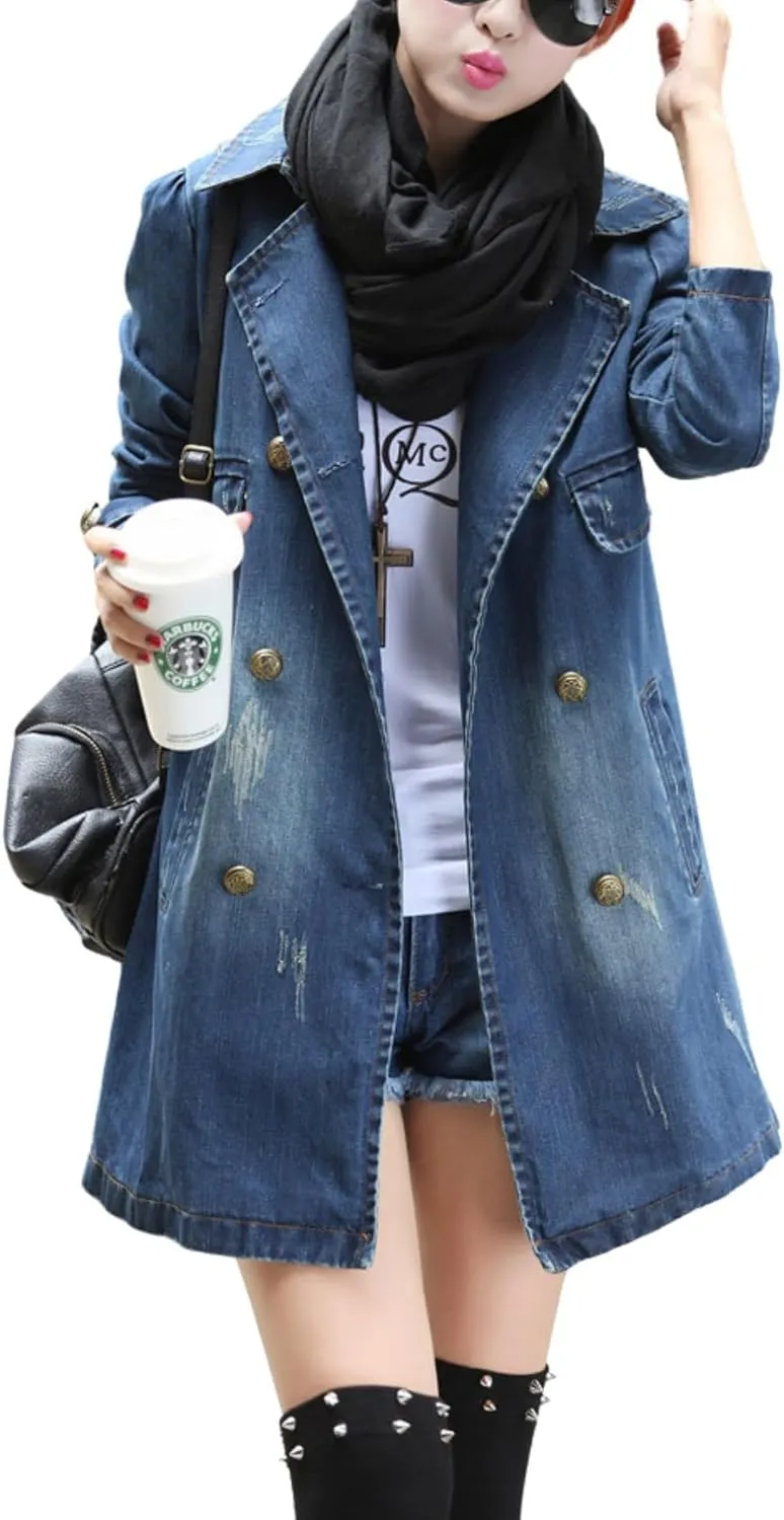 utcoco Womens Long Sleeve Denim Jacket Casual Slim Fit Jean Jacket Double Breasted Trench Coat with Belt